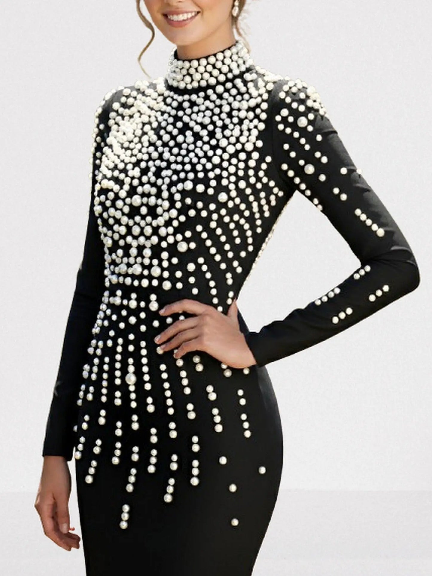 Pearl-Embellished Backless Long-Sleeve Maxi Gown - Dresses