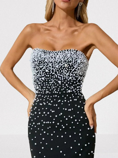 Pearl-Embellished Black Strapless Maxi Dress - Dresses