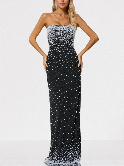 Pearl-Embellished Black Strapless Maxi Dress - Dresses