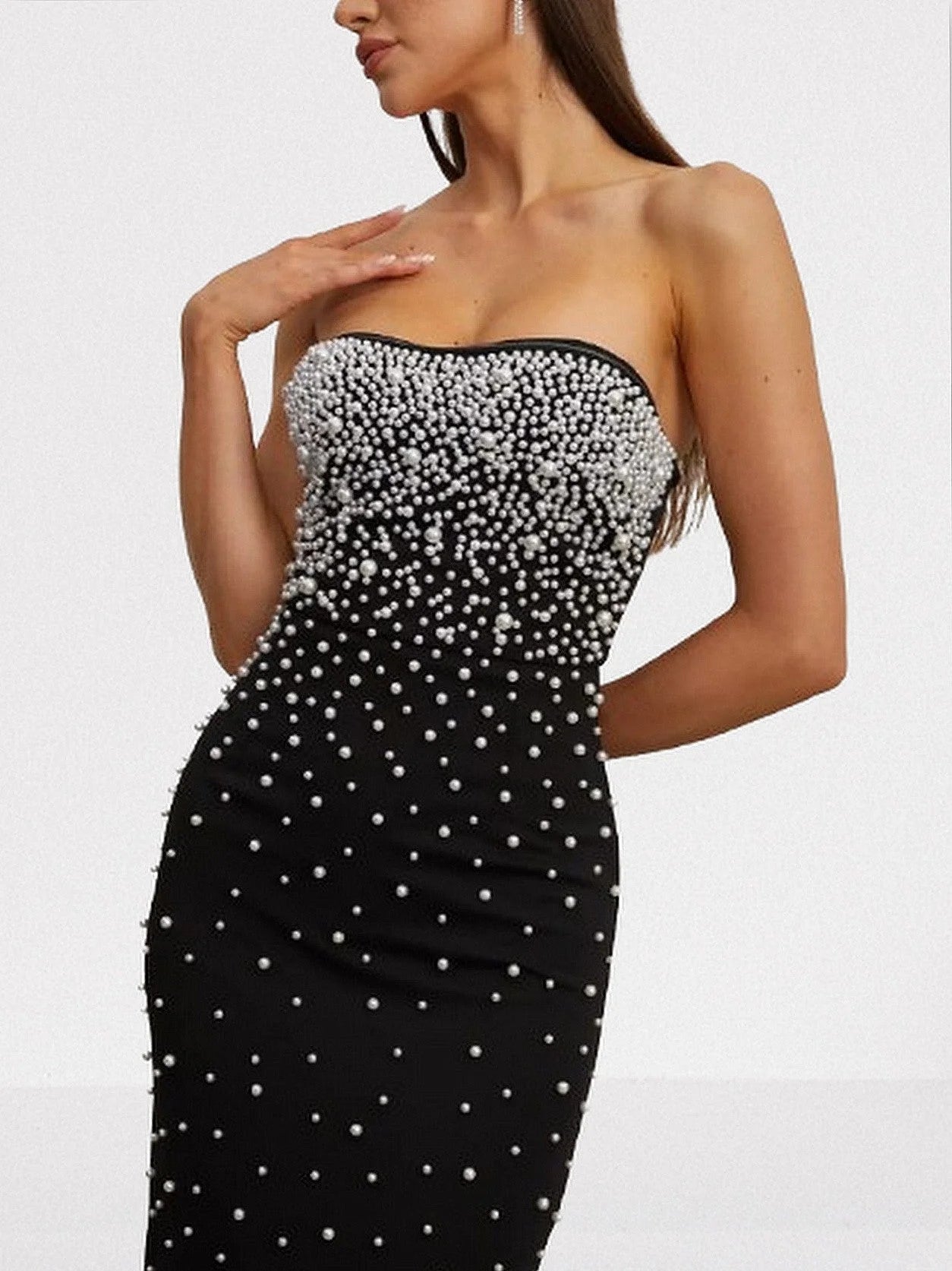 Pearl-Embellished Black Strapless Maxi Dress - Dresses
