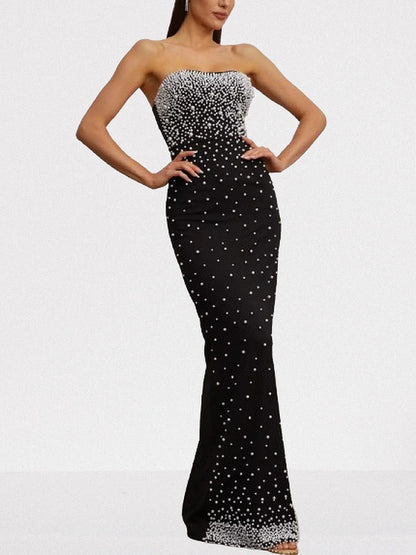 Pearl-Embellished Black Strapless Maxi Dress - Dresses