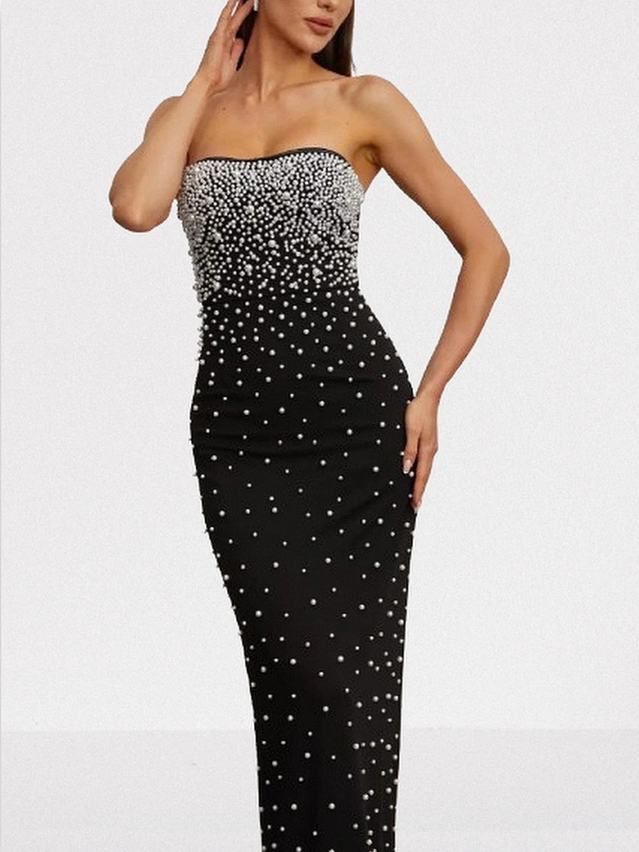 Pearl-Embellished Black Strapless Maxi Dress - Dresses