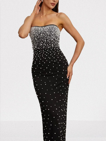 Pearl-Embellished Black Strapless Maxi Dress - Dresses