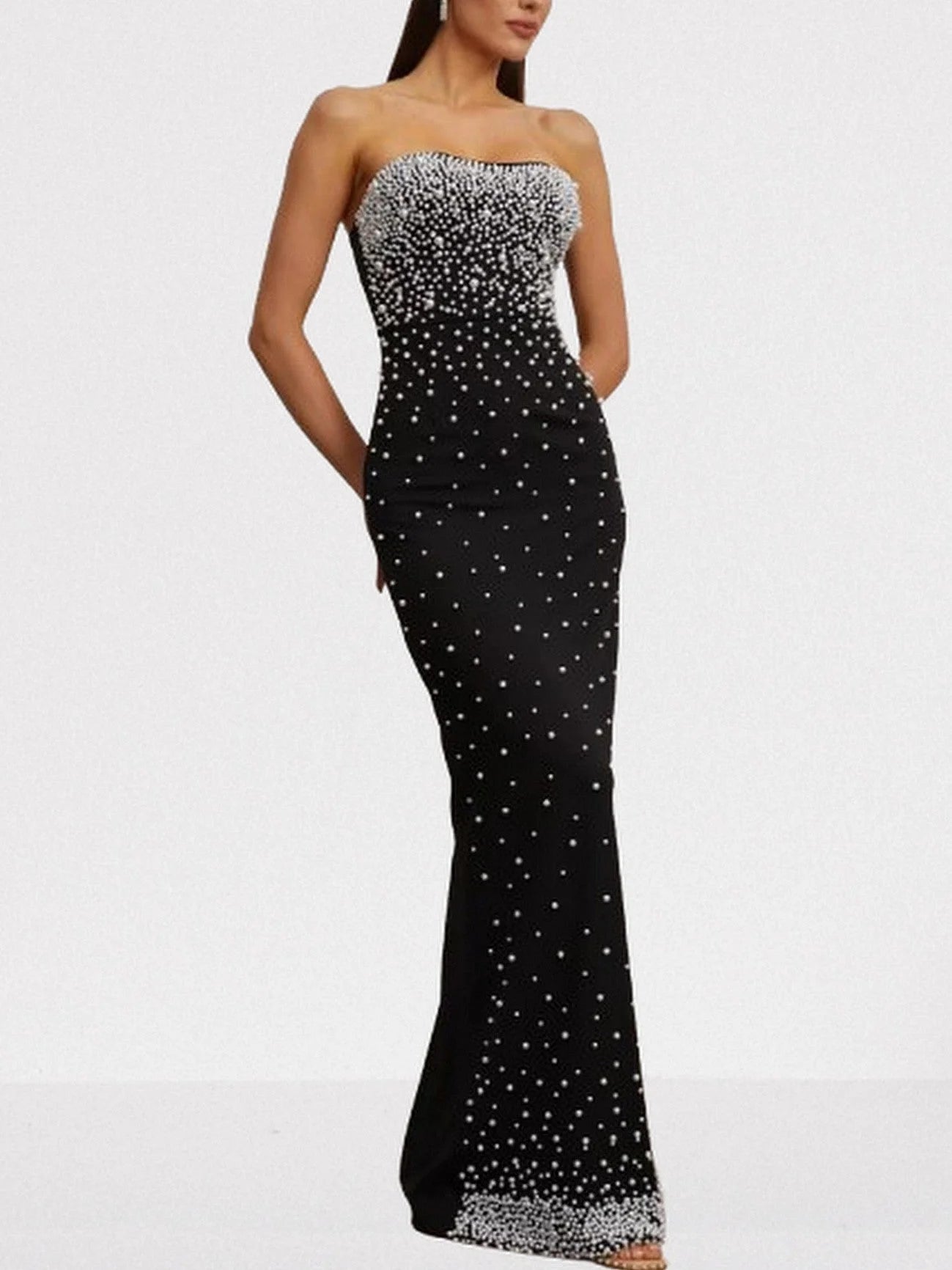 Pearl-Embellished Black Strapless Maxi Dress - Dresses