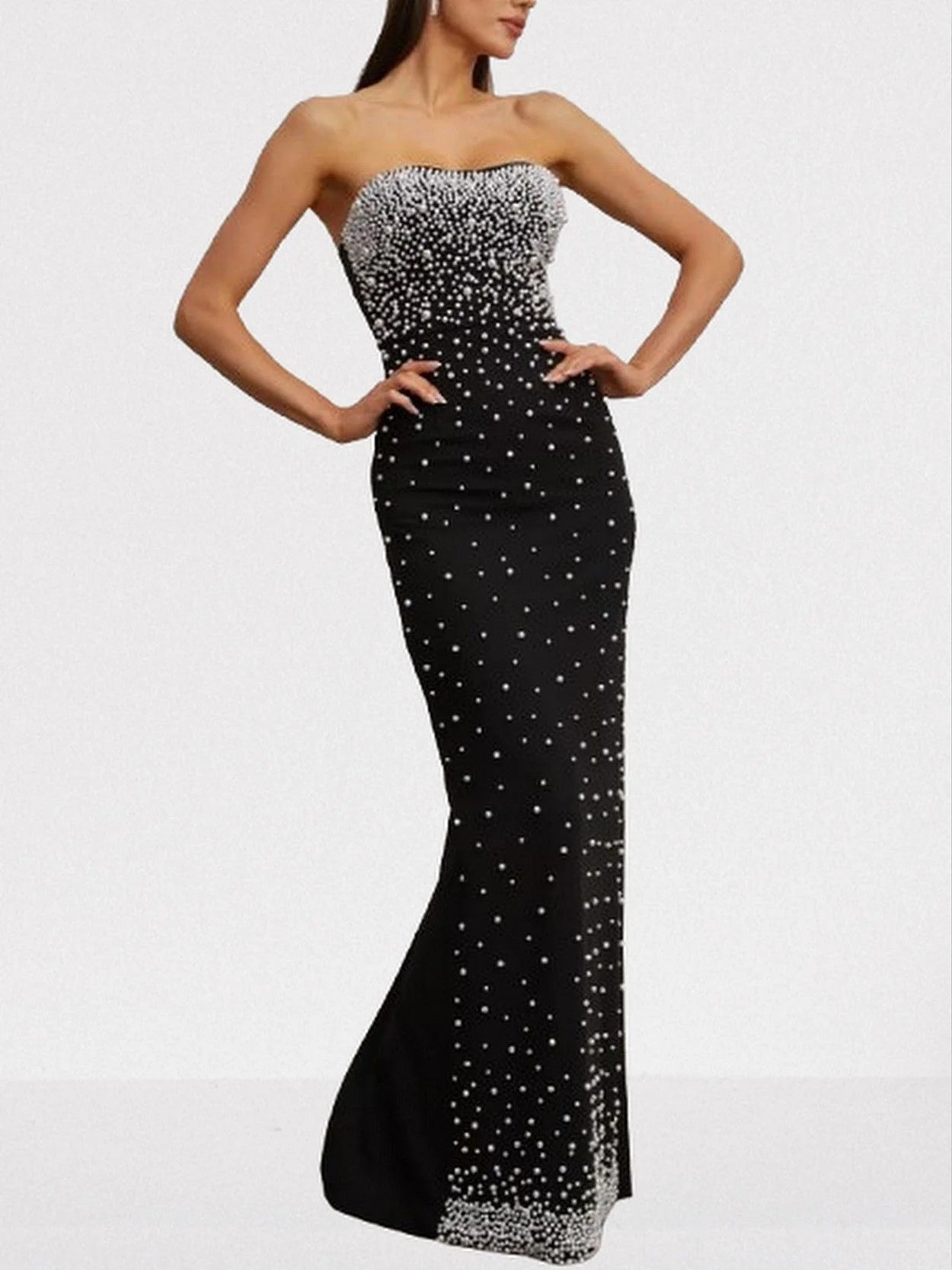 Pearl-Embellished Black Strapless Maxi Dress - Dresses