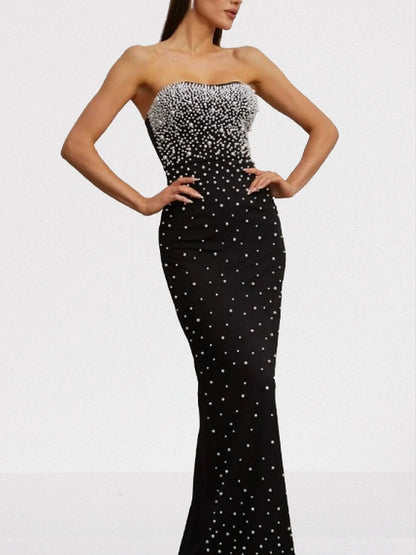 Pearl-Embellished Black Strapless Maxi Dress - Dresses