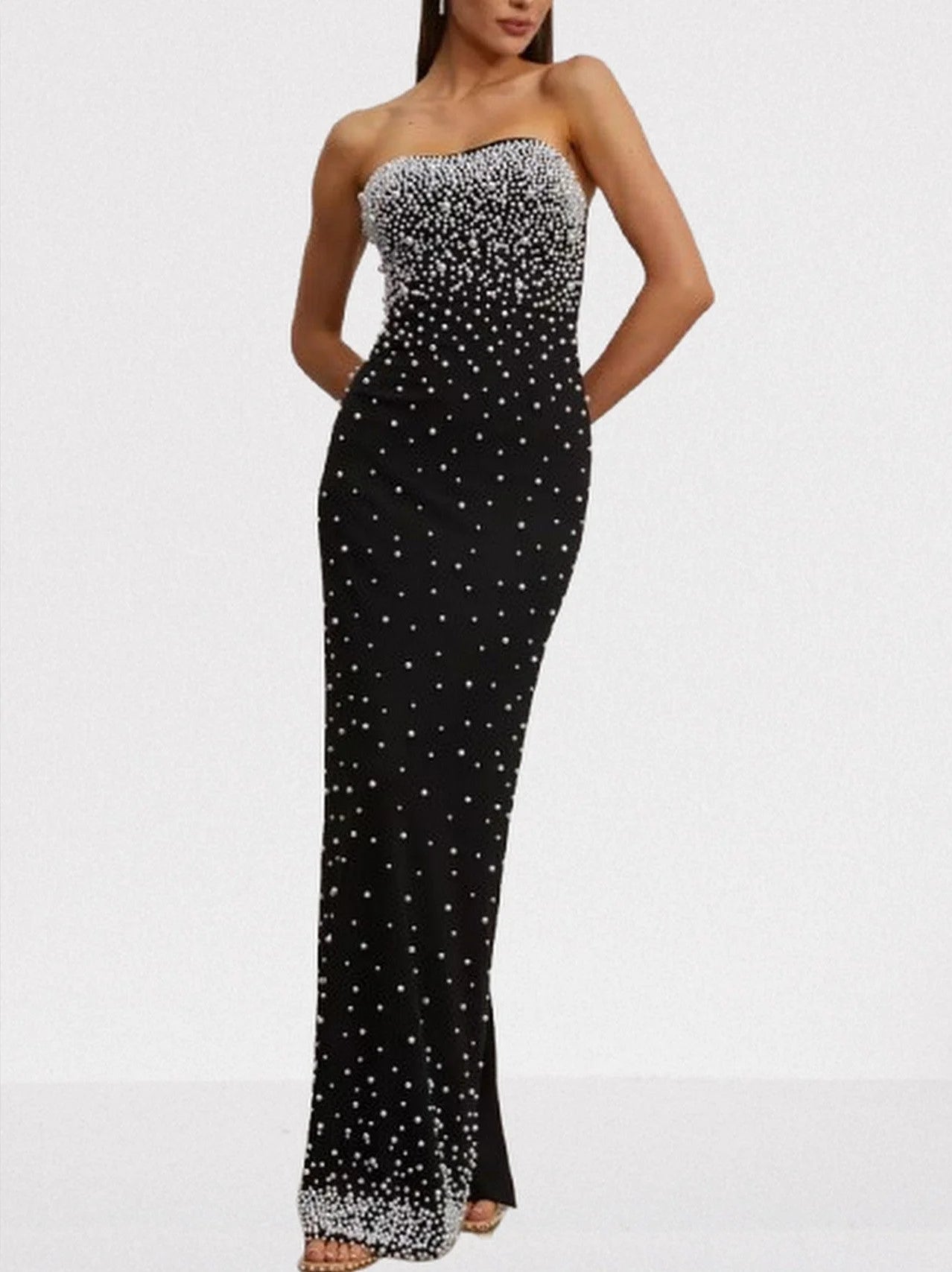 Pearl-Embellished Black Strapless Maxi Dress - Dresses