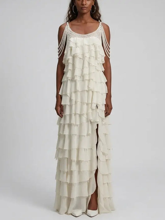 Pearl-Trim Tiered Ruffle White Gown - S - Dresses