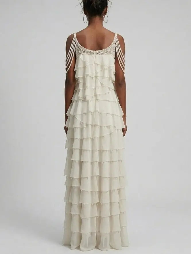Pearl-Trim Tiered Ruffle White Gown - Dresses
