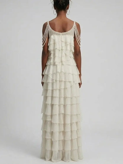 Pearl-Trim Tiered Ruffle White Gown - Dresses