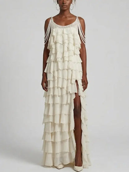 Pearl-Trim Tiered Ruffle White Gown - Dresses