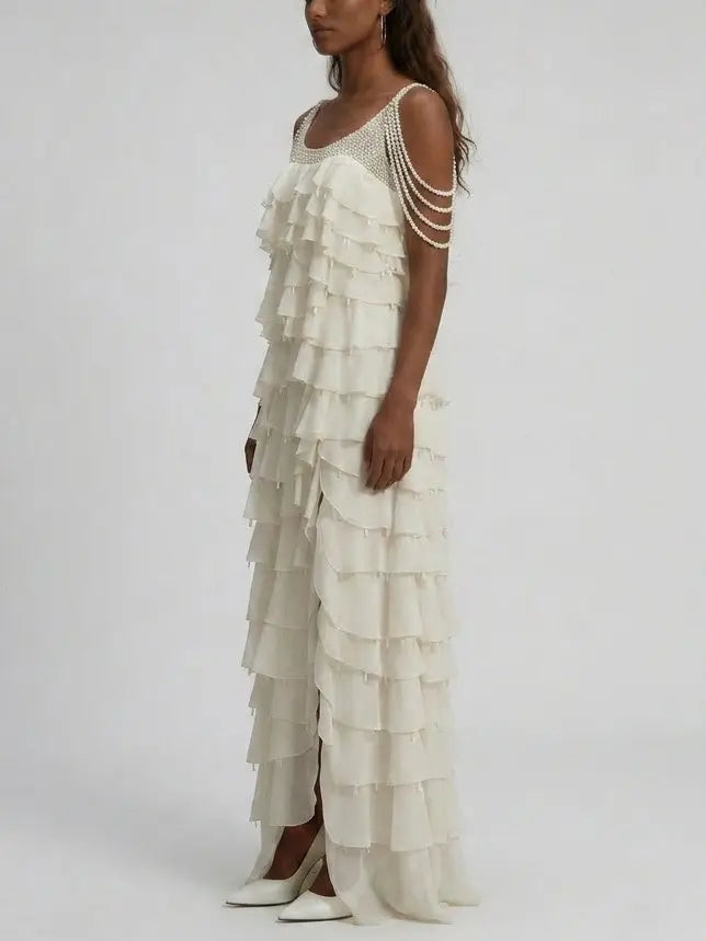 Pearl-Trim Tiered Ruffle White Gown - Dresses