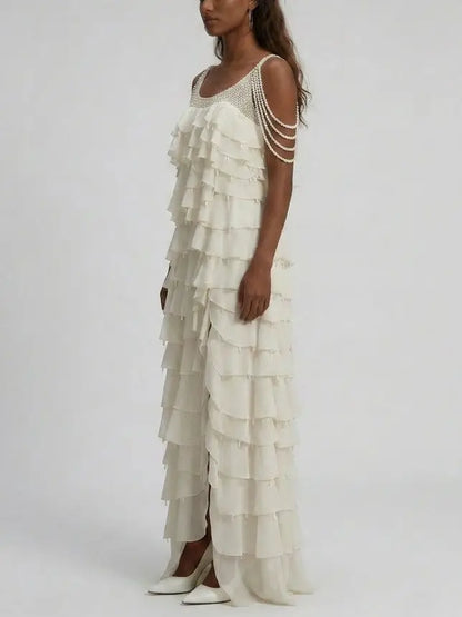 Pearl-Trim Tiered Ruffle White Gown - Dresses