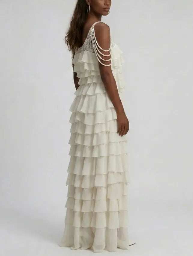 Pearl-Trim Tiered Ruffle White Gown - Dresses