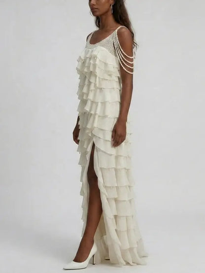 Pearl-Trim Tiered Ruffle White Gown - Dresses