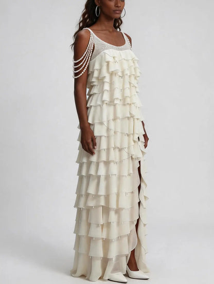 Pearl-Trim Tiered Ruffle White Gown - Dresses