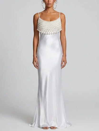 Pearl Draped Satin Slip Maxi Dress - Small - Dresses