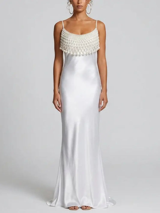 Pearl Draped Satin Slip Maxi Dress - Small - Dresses
