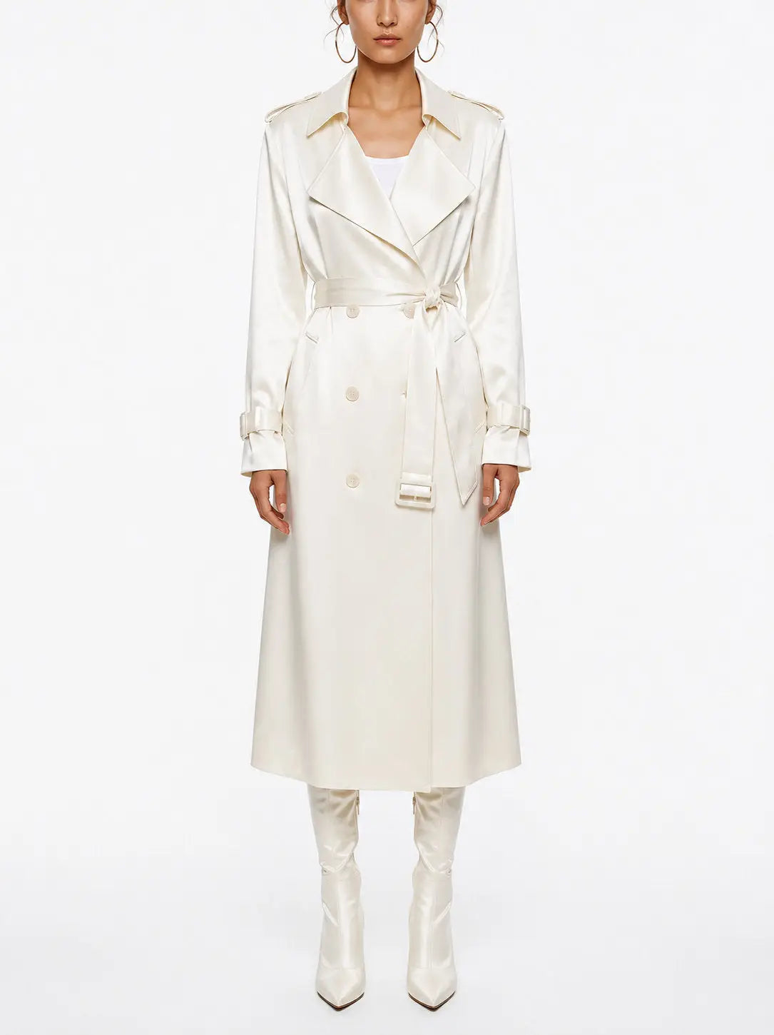 Pearl Satin Double Breasted Tie Waist Trench Coat - Small - Coats
