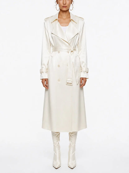 Pearl Satin Double Breasted Tie Waist Trench Coat - Small - Coats