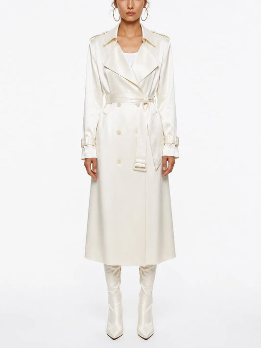Pearl Satin Double Breasted Tie Waist Trench Coat - Small - Coats
