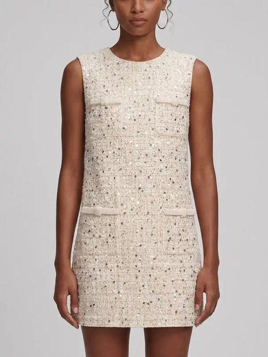 Pearl Trim Sequin Tweed Shift Mini Dress - Small - Dresses