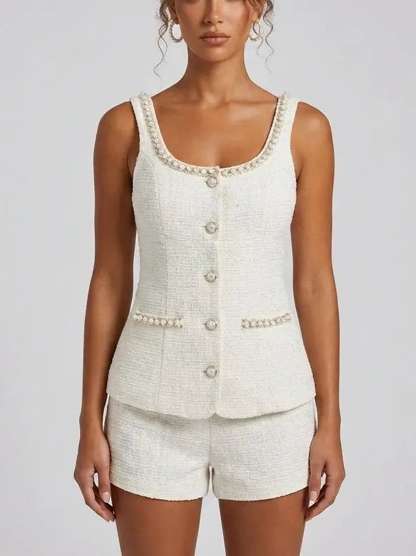 Pearl Trim Tweed Top and Shorts Set - Suits & Sets