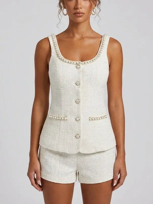 Pearl Trim Tweed Top and Shorts Set - Suits & Sets