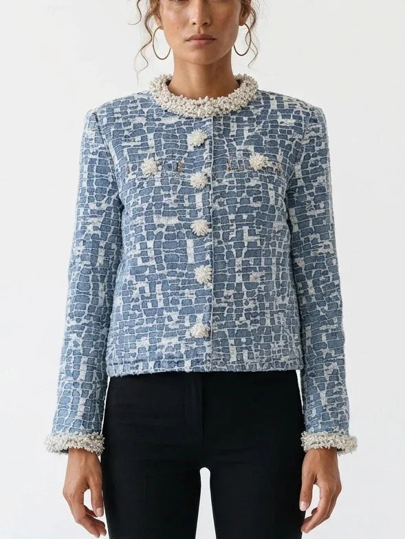 Pearl Trimmed Textured Denim Jacket with Geometric Pattern - S - Jackets