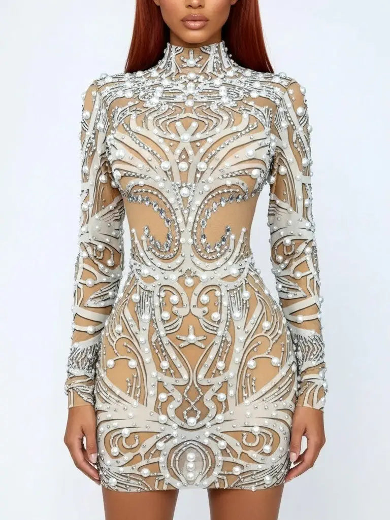 Pearl Crystal & Stud Embellished High-Neck Mini Dress - S - Dresses