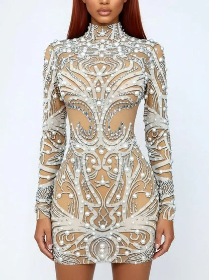 Pearl Crystal & Stud Embellished High-Neck Mini Dress - S - Dresses