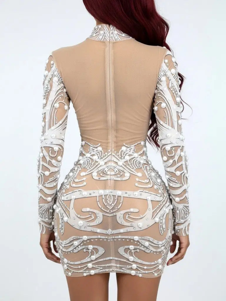 Pearl Crystal & Stud Embellished High-Neck Mini Dress - Dresses