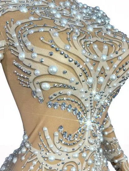 Pearl Crystal & Stud Embellished High-Neck Mini Dress - Dresses