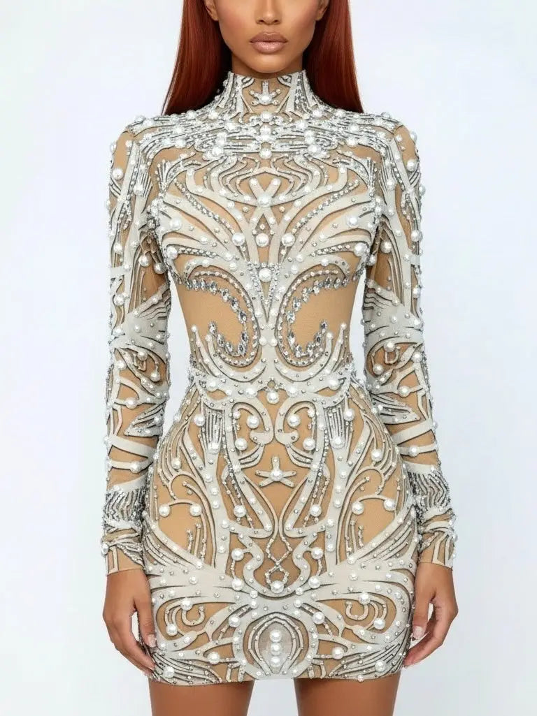 Pearl Crystal & Stud Embellished High-Neck Mini Dress - Dresses