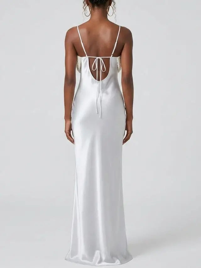 Pearl Draped Satin Slip Maxi Dress - Dresses