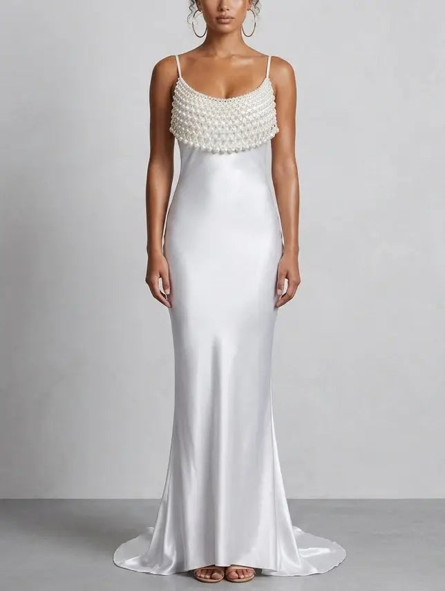 Pearl Draped Satin Slip Maxi Dress - Dresses
