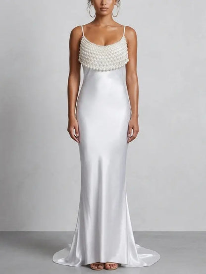 Pearl Draped Satin Slip Maxi Dress - Dresses