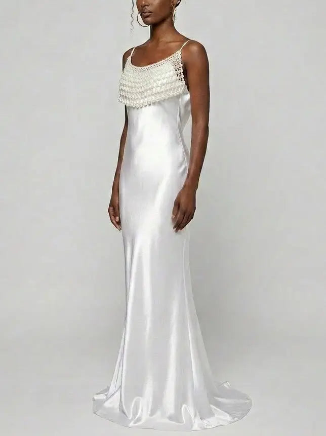 Pearl Draped Satin Slip Maxi Dress - Dresses