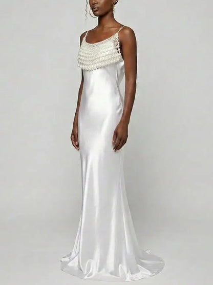 Pearl Draped Satin Slip Maxi Dress - Dresses