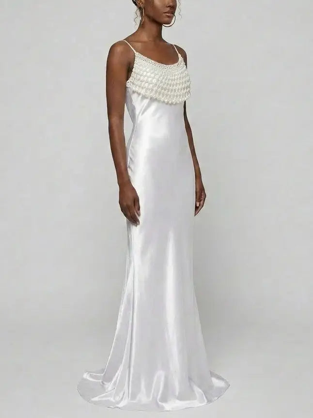 Pearl Draped Satin Slip Maxi Dress - Dresses