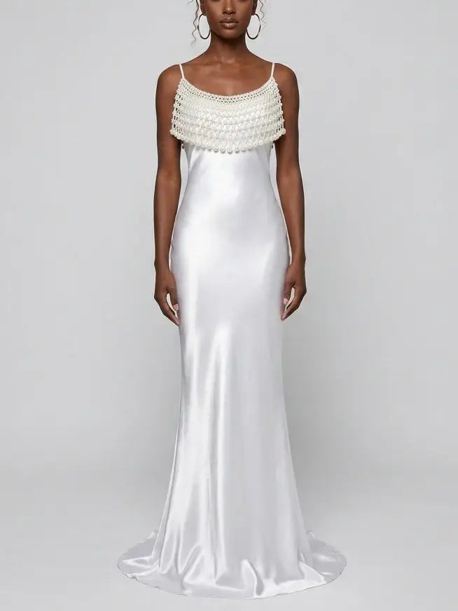 Pearl Draped Satin Slip Maxi Dress - Dresses