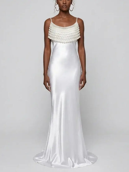 Pearl Draped Satin Slip Maxi Dress - Dresses