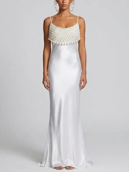 Pearl Draped Satin Slip Maxi Dress - Dresses