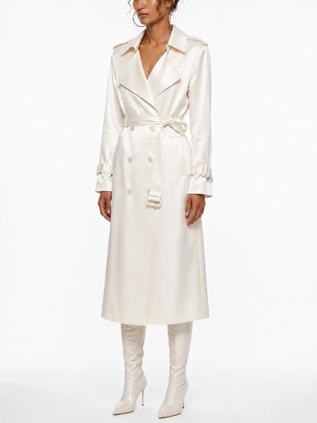 Pearl Satin Double Breasted Tie Waist Trench Coat - Coats