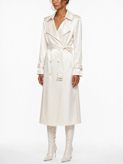 Pearl Satin Double Breasted Tie Waist Trench Coat - Coats