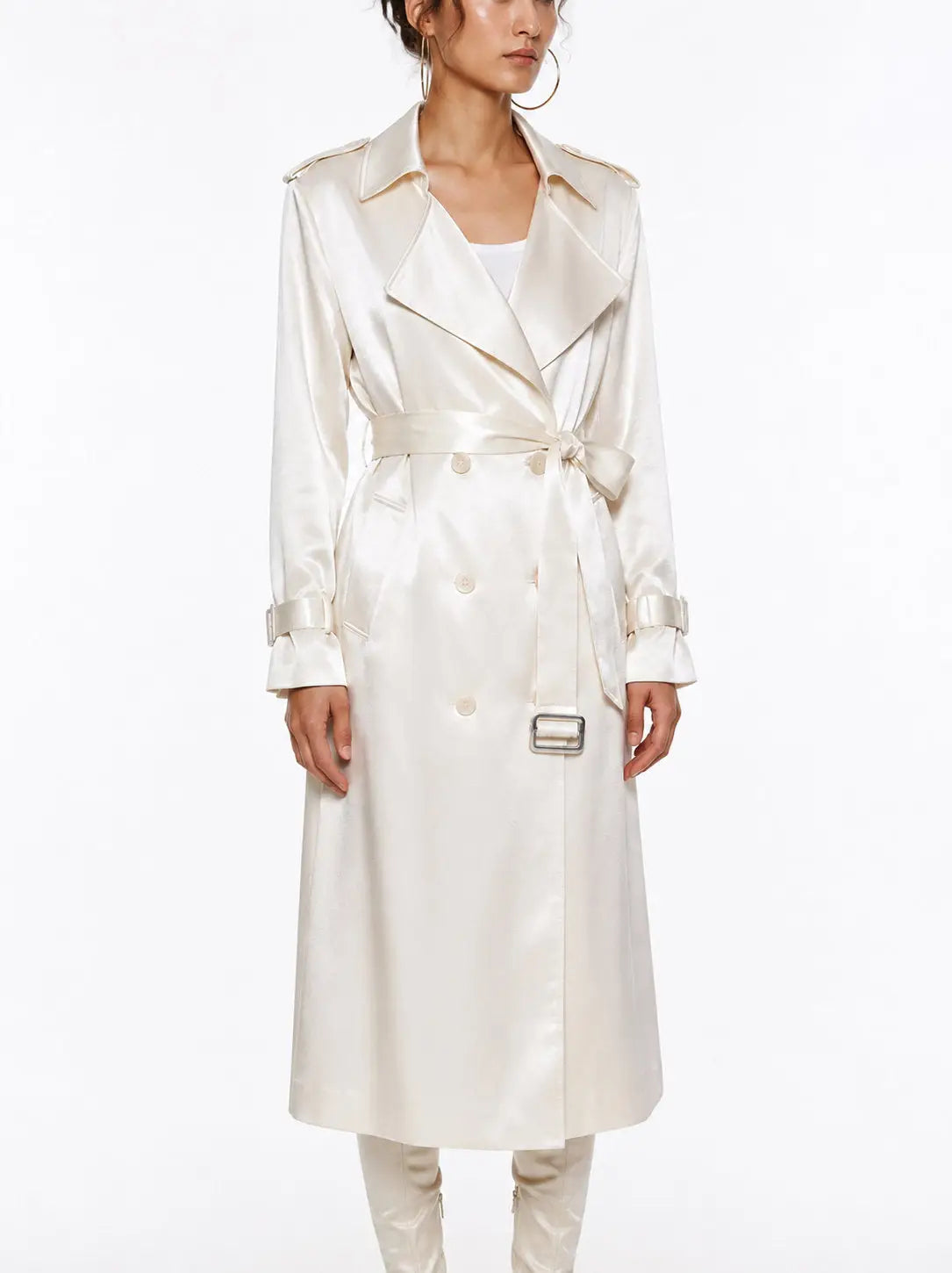 Pearl Satin Double Breasted Tie Waist Trench Coat - Coats