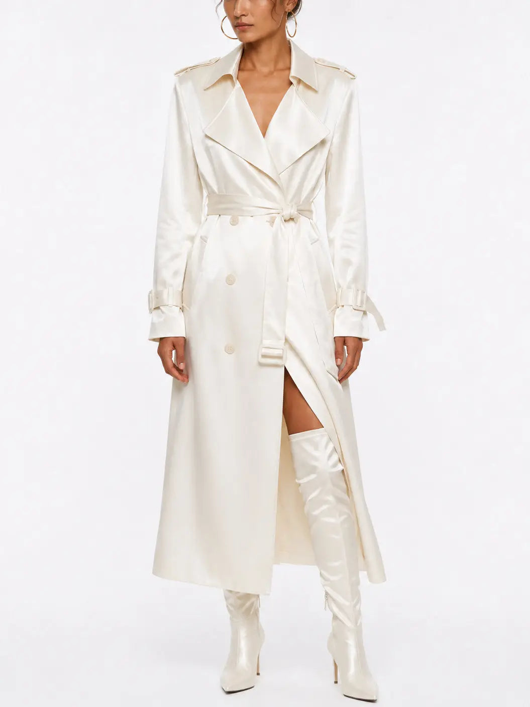 Pearl Satin Double Breasted Tie Waist Trench Coat - Coats