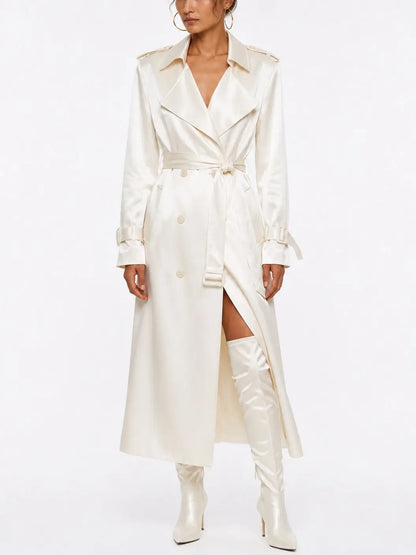Pearl Satin Double Breasted Tie Waist Trench Coat - Coats