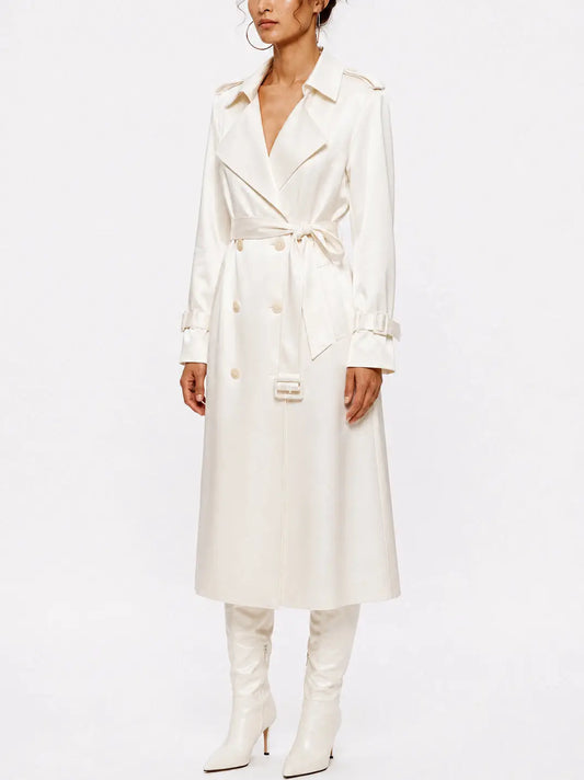 Pearl Satin Double Breasted Tie Waist Trench Coat - Coats