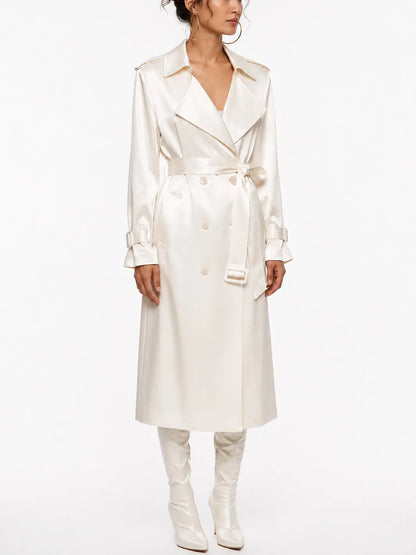 Pearl Satin Double Breasted Tie Waist Trench Coat - Coats
